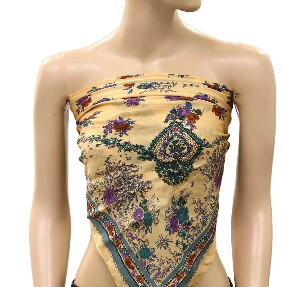 Free People So Silk Printed Bandana Scarf Tube Top Belt Floral Paisley Wrap OS